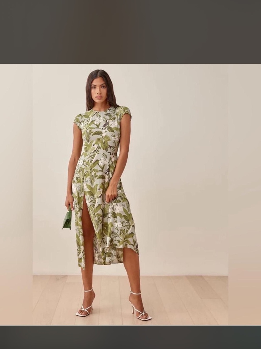 Reformation Gavin Dress Green Jungle Print Split Midi Dress Open Back 2